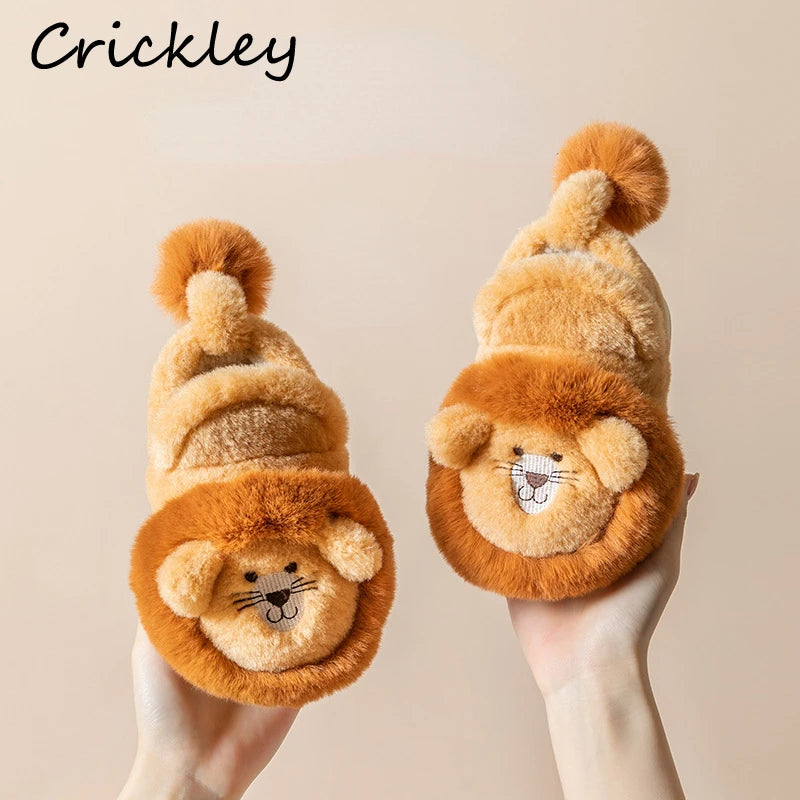 Cartoon Lion Plush Winter Slippers for Kids