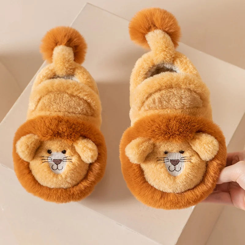 Cartoon Lion Plush Winter Slippers for Kids