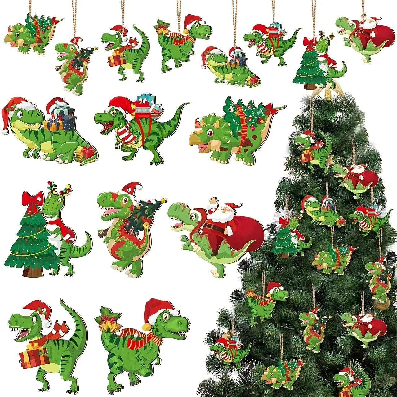 Wooden Dinosaur Christmas Ornaments