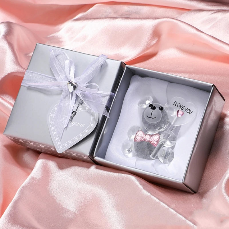 Valentines Day Gift I Love You Crystal Bear Glass Artificial Rose Flowers Mothers Day Wedding Party Gift for Guests Home Decor